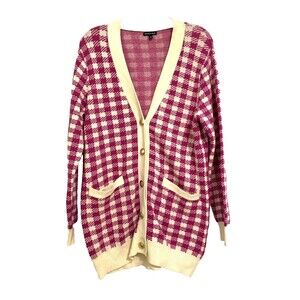 Who What Wear Cardigan Long Sweater Size M Pink Houndstooth Gold Buttons Pockets